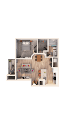 A dollhouse with a kitchen, living room, and bedrooms.