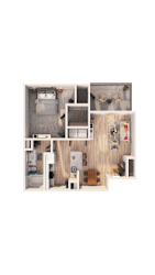 A dollhouse with a kitchen, living room, and bedrooms.
