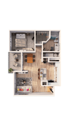 A dollhouse with a kitchen, living room, and bedrooms.