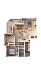 A top-down view of a house layout with a kitchen, living room, and bedrooms.