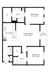 A floor plan of a house with two bedrooms, a living/dining area, a kitchen, a bath, and a patio/balcony.