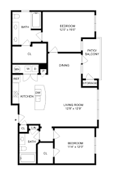 A black and white image of a floor plan for a two bedroom apartment.