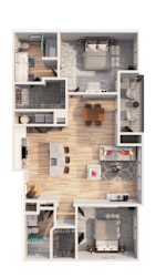 A top-down view of a house layout with a kitchen, living room, and bedrooms.