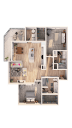 A floor plan of a small apartment with a kitchen, living room, and bathroom.