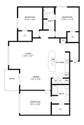 A black and white image of a floor plan for a house with a living room, dining room, kitchen, pantry, and three bedrooms.
