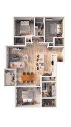 A top down view of a house layout with a kitchen, living room, and bedrooms.