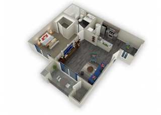 A 3D image of a house layout with a living room, kitchen, and two bedrooms.