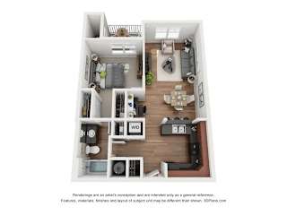 A 3D floor plan of a small apartment with a kitchen, living room, and bedroom.