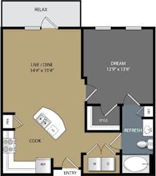 A floor plan of a house with a living room, dining room, kitchen, and bathrooms.