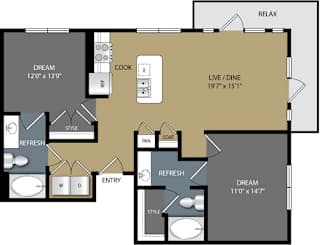 A floor plan of a house with a living room, dining room, kitchen, and two bedrooms.