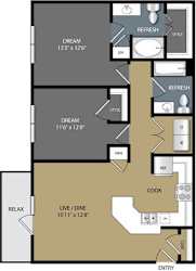 A floor plan of a two-bedroom apartment with a living room, kitchen, and two bedrooms.