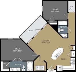 A floor plan of a house with labeled rooms such as RELAX, REFRESH, and COOK.