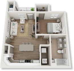 A 3D floor plan of a small apartment with a kitchen, living room, bedroom, and bathroom.