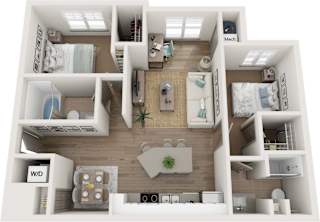 A 3D floor plan of a house layout.