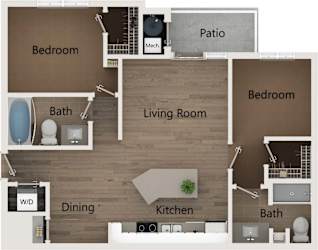 A floor plan of a house with a living room, dining room, kitchen, two bedrooms, a bath, and a patio.