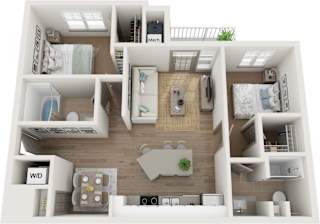 A 3D floor plan of a small apartment with a kitchen, living room, and bathroom.