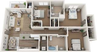 A 3D floor plan of a small apartment with a kitchen, living room, and bedrooms.