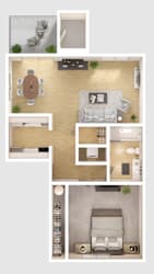 A floor plan of a house with a kitchen, living room, dining room, and bedrooms.