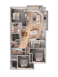 A floor plan of a small apartment with a kitchen, living room, and two bedrooms.