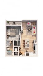A dollhouse with a kitchen, living room, and dining area.