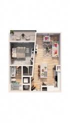A dollhouse with a kitchen, living room, and dining area.