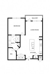 A floor plan of a small apartment with a bedroom, living room, kitchen, and bathroom.