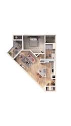 A top down view of a house with a living room, kitchen, and dining area.