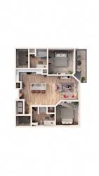 A floor plan of a house with a kitchen, living room, and two bedrooms.