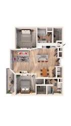 A dollhouse with a living room, kitchen, and bathroom.