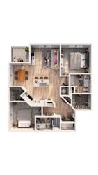 A floor plan of a small apartment with a kitchen, living room, and bathroom.
