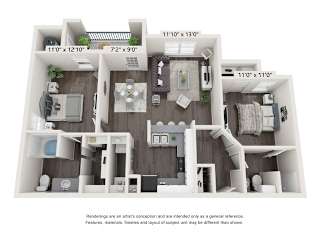 A 3D floor plan of a house with a kitchen, living room, and two bedrooms.