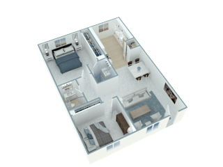 A 3D floor plan of a house with multiple rooms and furniture.