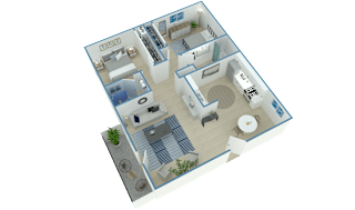 A 3D rendered image of a house layout.