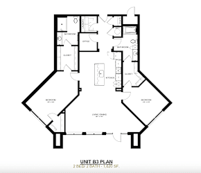 A black and white image of a floor plan for a 2 bedroom, 2 bathroom apartment.