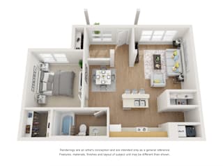 A white floor plan of a house with a kitchen, living room, and bedrooms.