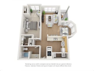 A 3D floor plan of a house with labeled rooms.