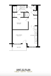 A black and white image of a floor plan for a unit with one bed and one bath.