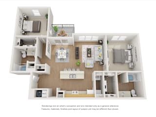 A 3D floor plan of a house with a kitchen, living room, and bedrooms.