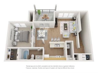 A 3D rendered image of a modern apartment layout.