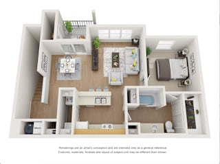 A 3D rendered image of a modern apartment layout.