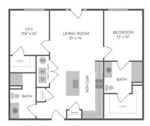 A floor plan of a home with a den, living room, kitchen, and two bathrooms.