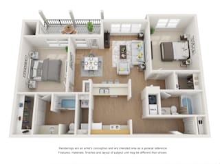 A 3D rendered image of a modern apartment layout.
