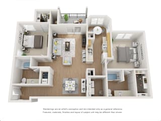 A 3D floor plan of a house with a kitchen, living room, and bathrooms.