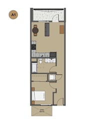 A drawing of a floor plan of a room with furniture and appliances.