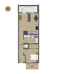 A floor plan of a room with furniture and appliances.