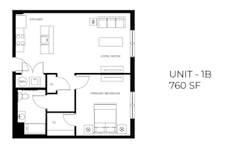 A black and white image of a floor plan for a 1 bedroom unit.