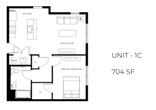 A black and white image of a floor plan for a 704 square foot unit.