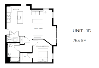 A black and white image of a floor plan for a 1-bedroom apartment.