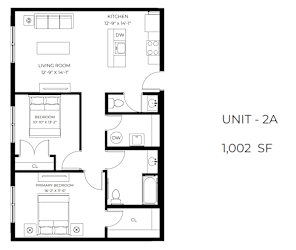 A black and white image of a floor plan for a 1,002 square foot unit.