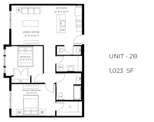 A black and white image of a floor plan for a 2 bedroom apartment.